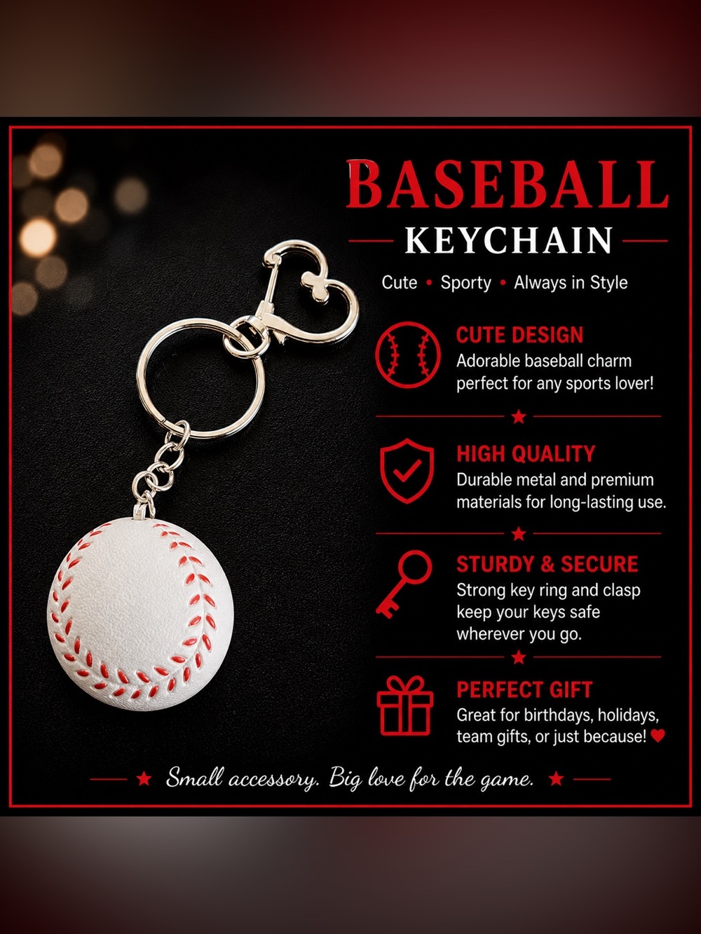 NWOT. Baseball Keychain includes Heart Shape Silver‎ Medal Spring Snap Cl…